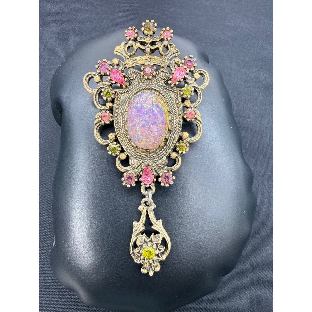 Coventry Vintage Dragons Breath Faux Opal Rhinestone Brooch Pendant Gold Tone